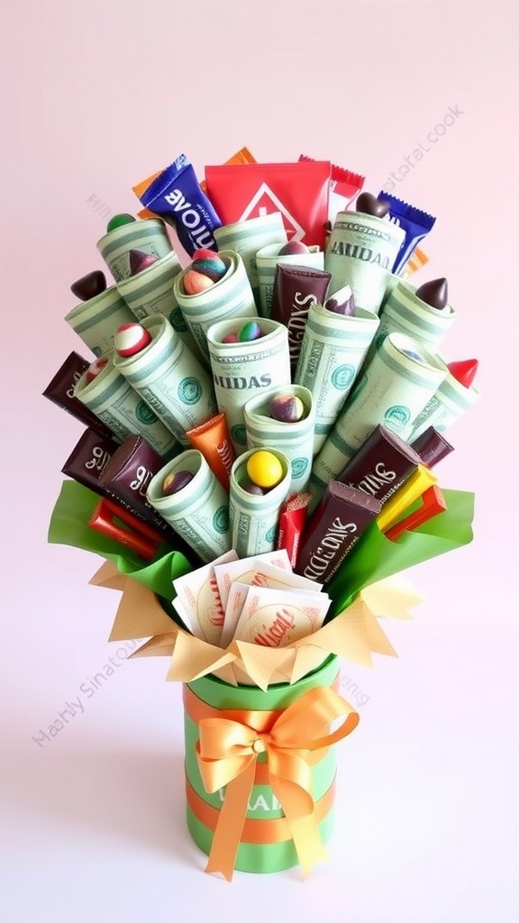 Creative Money Bouquet with Snacks A creative money bouquet filled with snacks and cash, beautifully arranged in a vase.